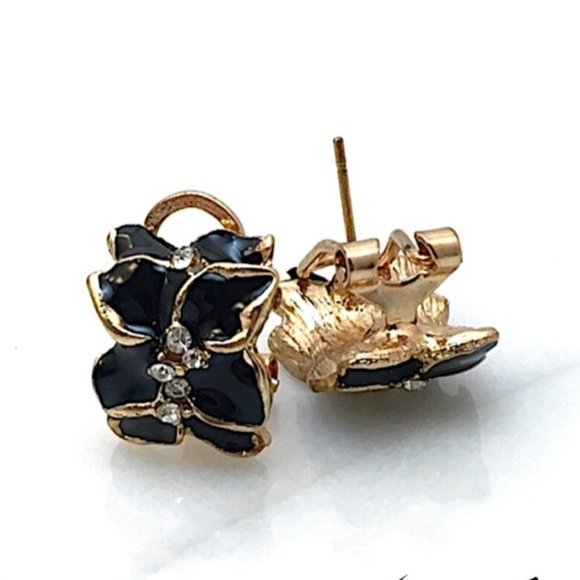 CherrylsJewelry Jewelry - Black Enamel Floral Earrings w Rhinestone Accents